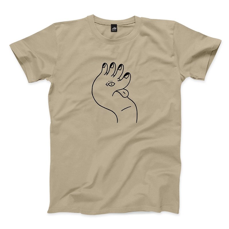 MONSTER HAND Khaki-unisex version T-shirt - เสื้อยืดผู้ชาย - ผ้าฝ้าย/ผ้าลินิน สีกากี