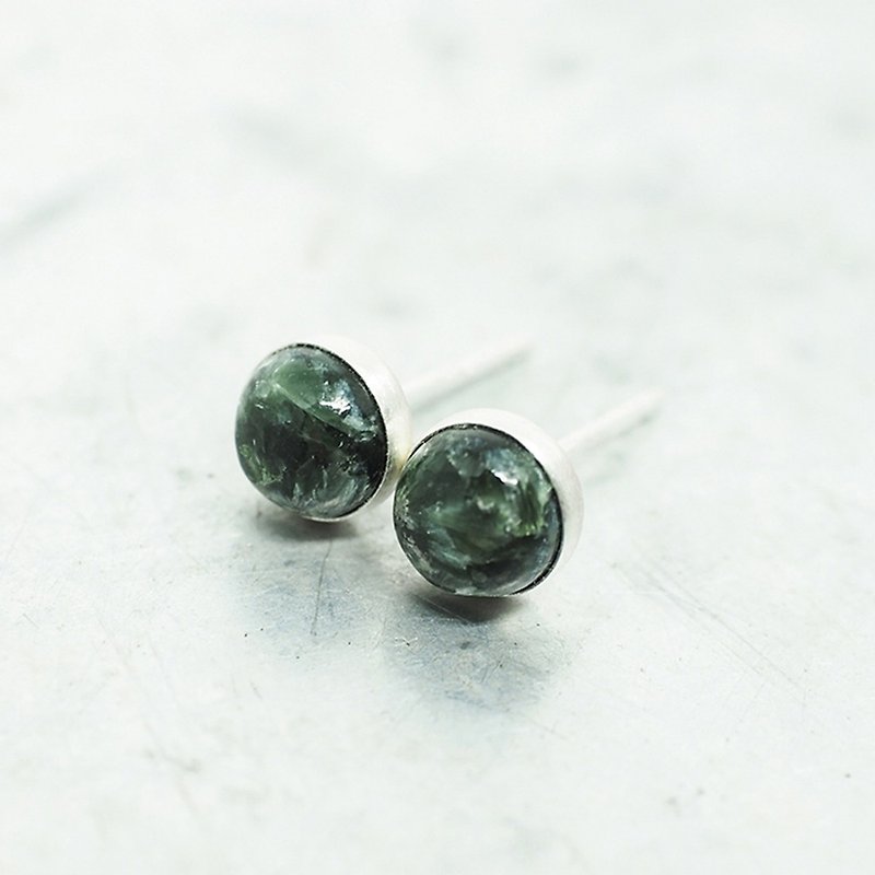 Green Seraphinite Earrings, Sterling Silver, 6mm Round, Angel Stone - Earrings & Clip-ons - Other Metals Green