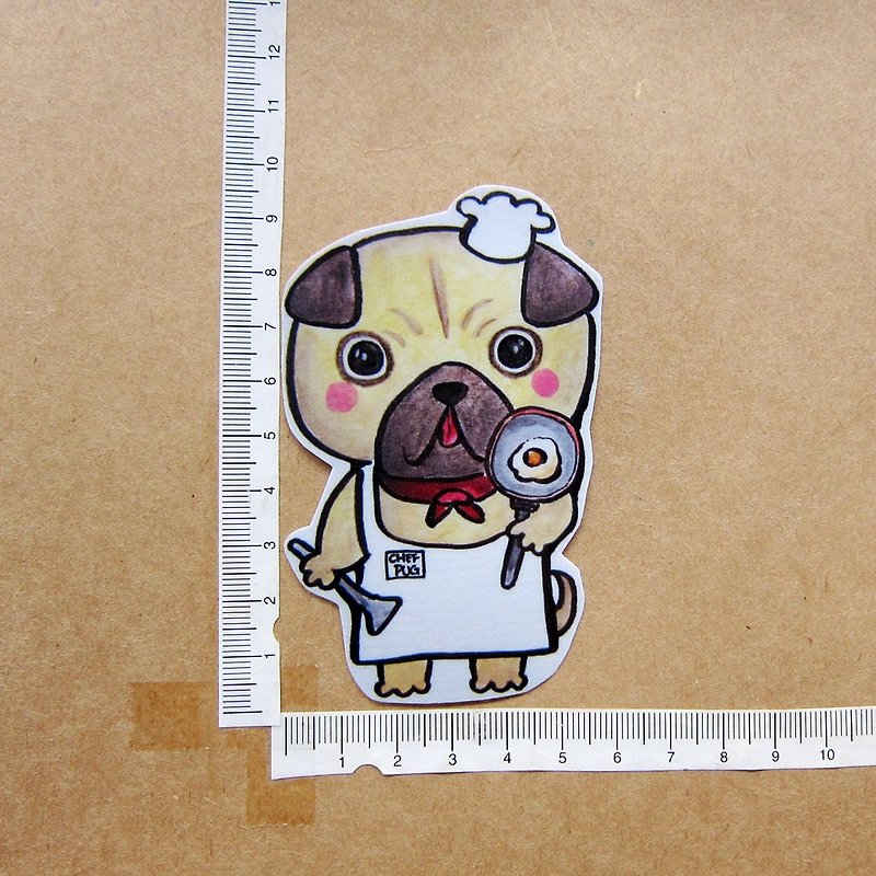 Hand-painted illustration style completely waterproof sticker dog craftsman pug chef - สติกเกอร์ - วัสดุกันนำ้ สีกากี