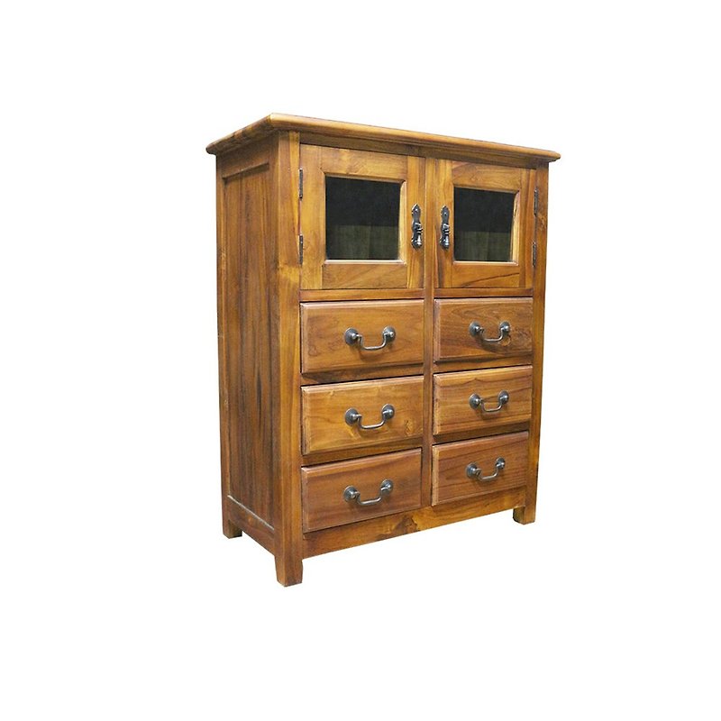 [Jidi City 100% Teak Furniture] UNC1-55 Teak Glass Double Door Multi-Pullout Storage Cabinet - Bookshelves - Wood Brown