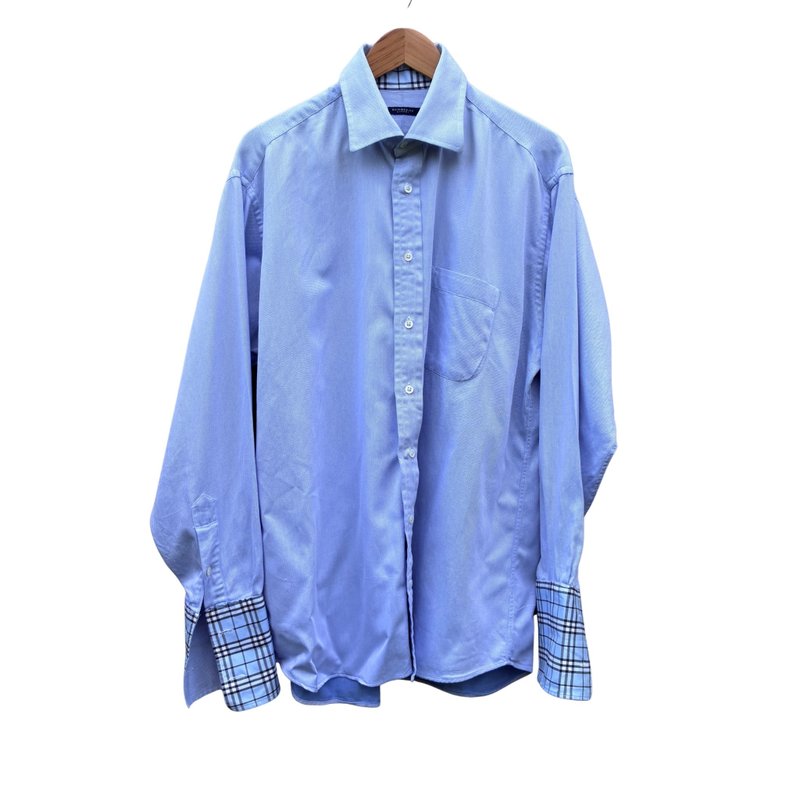Vintage 80s  Burberry London Blue Cotton Haringbone Spread Collar  Dress Shirt - 男襯衫/休閒襯衫 - 棉．麻 藍色