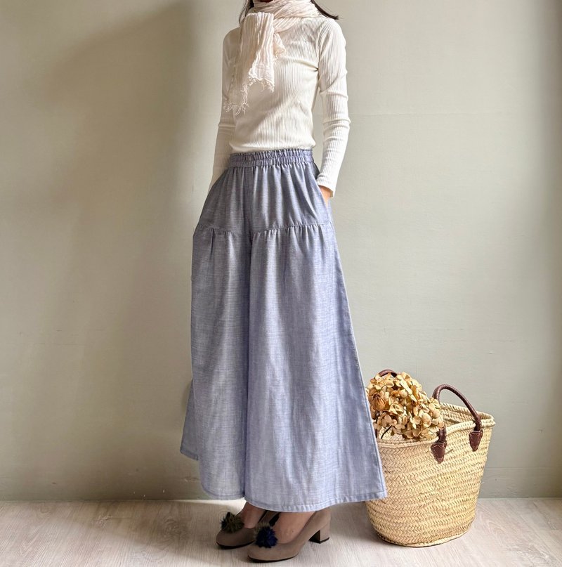 航向遠方/單寧色系雙層棉紗剪接小細摺中長寬褲裙純棉 - 女長褲 - 棉．麻 