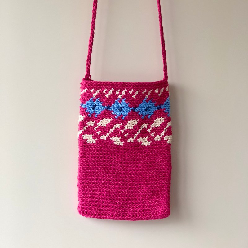 Peach color small fresh national wind flower cell phone bag / hand-woven cotton Linen carry bag - Messenger Bags & Sling Bags - Cotton & Hemp Pink