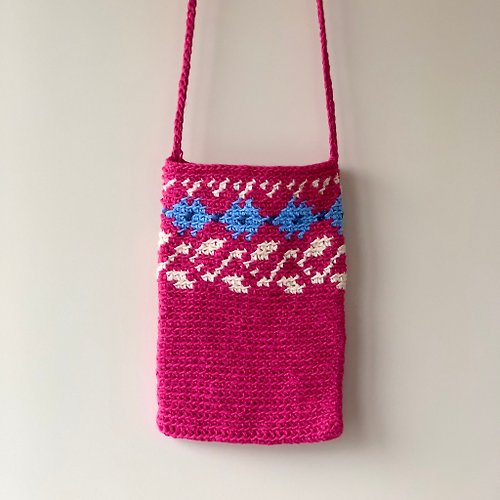 waiii crochet 桃紅色小清新民族風花花手機袋 / 手工編織棉麻隨身包
