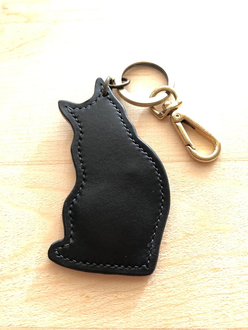Black cat leisure card key ring - ที่ห้อยกุญแจ - หนังแท้ สีดำ