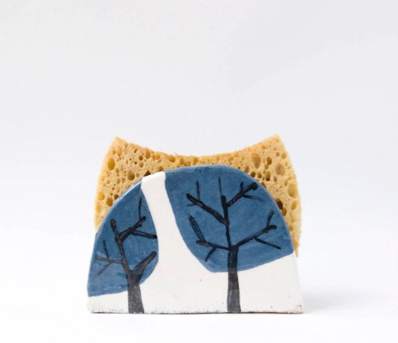 Blue Trees Napkin Holder-Sponge Holder-Winter Kitchen Decor-Handmade Ceramics - 花瓶/陶器 - 陶 藍色