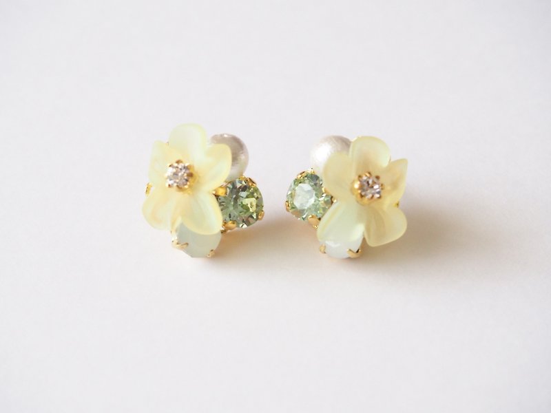 玻璃 耳環/耳夾 黃色 - [14kgf] clear flower earrings (yellow)
