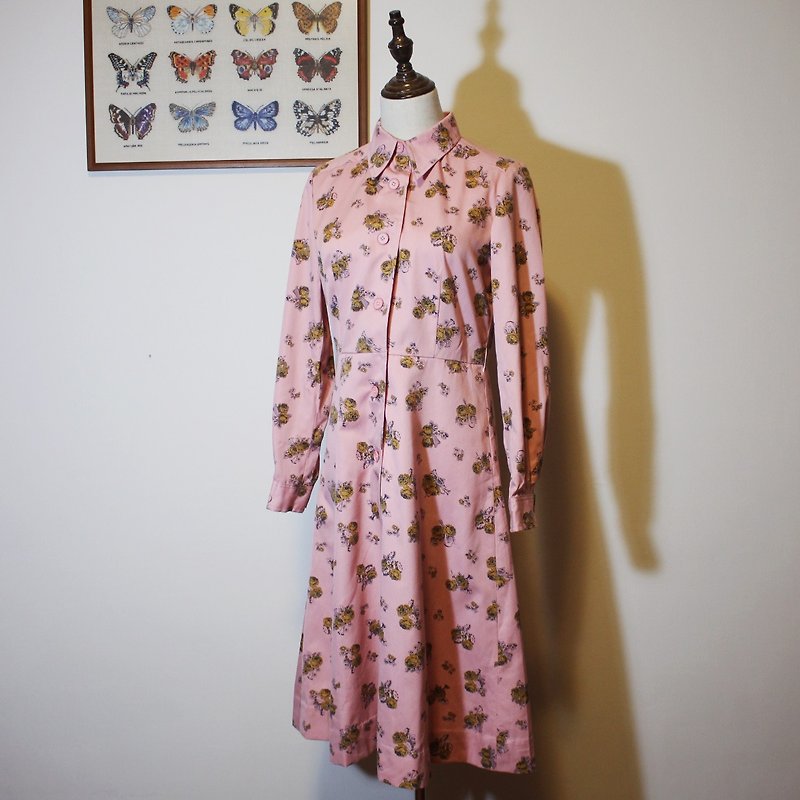 (Vintage Japanese vintage dress) pink flowers cotton long-sleeved dress F3535 - ชุดเดรส - ผ้าฝ้าย/ผ้าลินิน สึชมพู