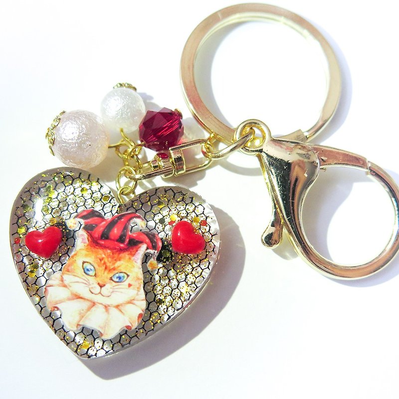Poker Clown Cat Crystal Bead Heart-shaped Keychain - พวงกุญแจ - เรซิน สีใส