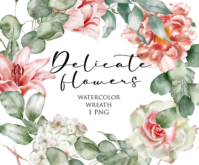 水彩花のイラスト 結婚式招待状のピンクの花と花輪 ショップ Watercolorkiss 似顔絵 イラスト 挿絵 Pinkoi