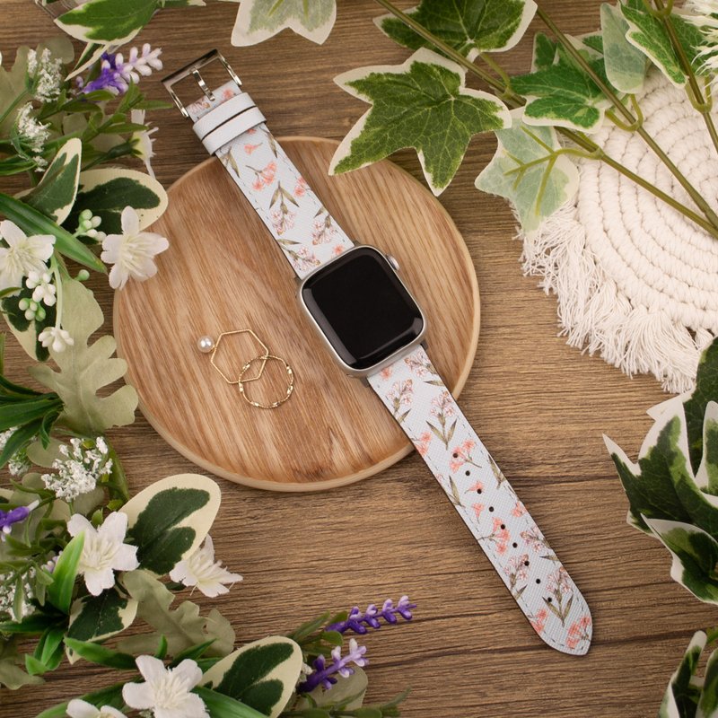 粉紅色花朵淺藍色印花蘋果錶帶Apple Watch 4/5/6/7/8/9/SE/Ultra - 錶帶 - 真皮 藍色