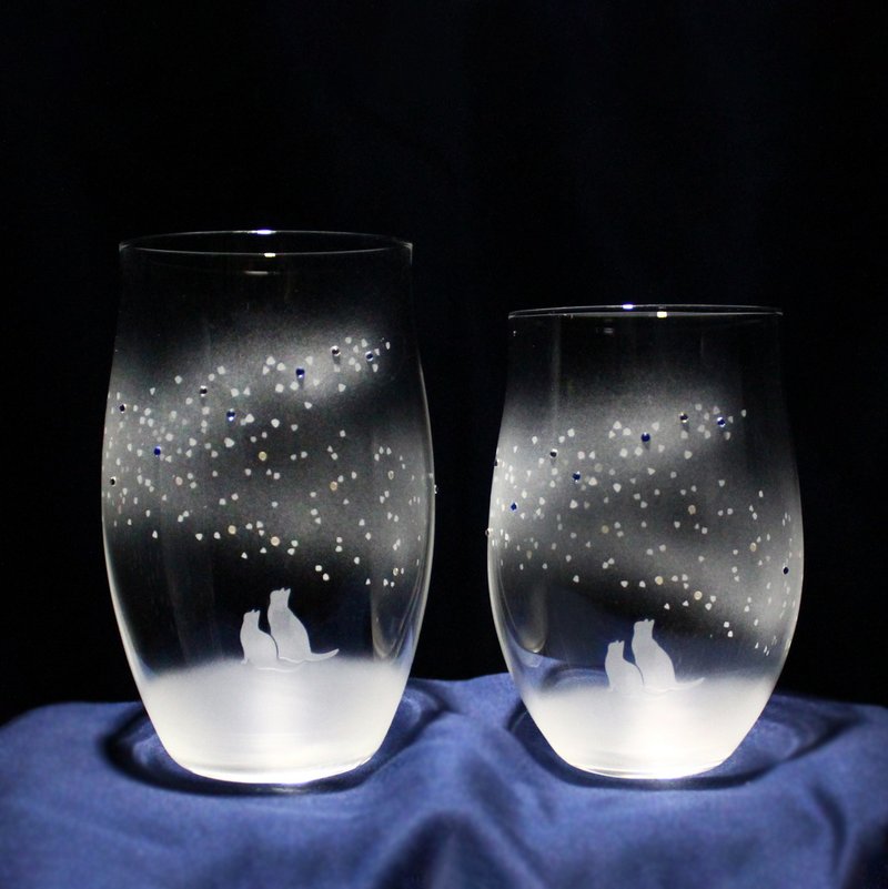【青い天の川へ】L+Mペアセット 猫モチーフのグラス (vol.6-set) - 玻璃杯 - 玻璃 透明