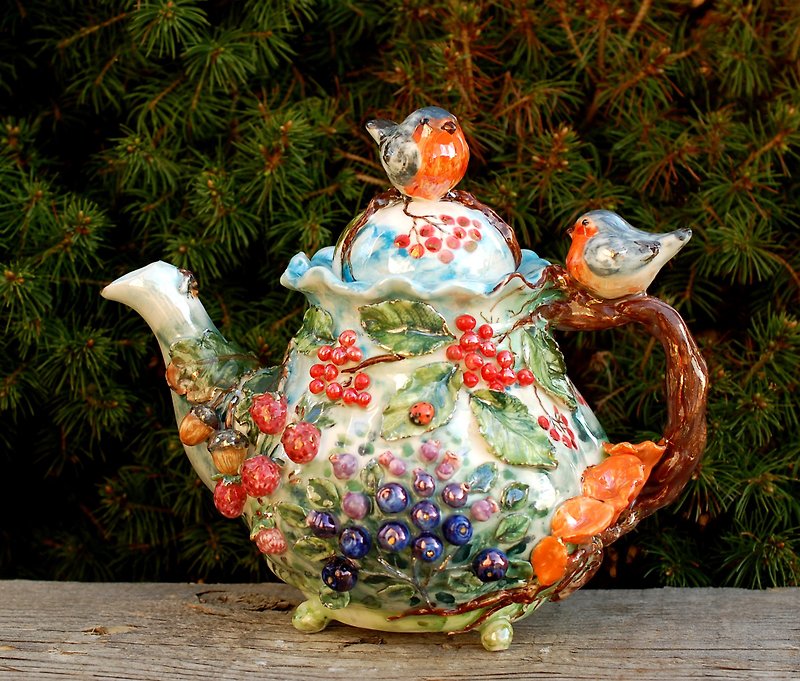 藝術茶壺鳥莓蘑菇森林童話手工瓷茶壺 - 茶具/茶杯 - 瓷 多色