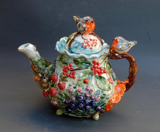 Art teapot Birds Berries mushrooms forest fairy tale