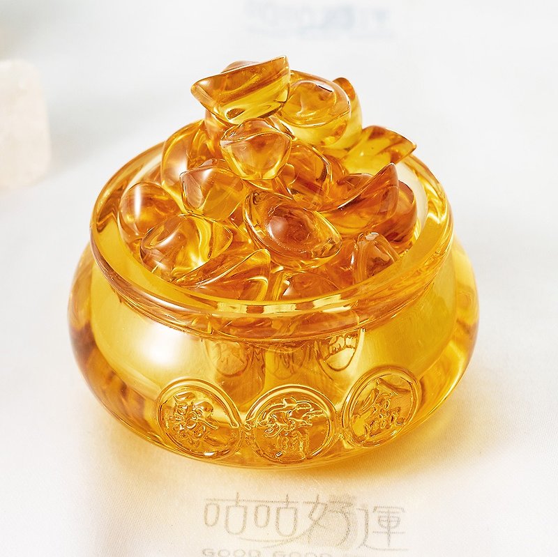 水晶琉璃8cm旺財運聚寶盆(含開光)偏財運、事業運、招貴人 - 裝飾/擺設  - 玻璃 黃色