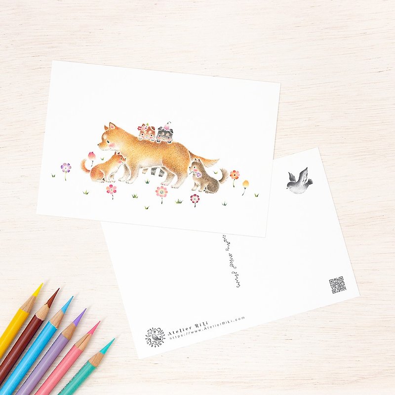 Set of 5 pieces. Like a picture book. Postcard "Parent dog and puppy in blooming field" PC-325 - Cards & Postcards - Paper Orange