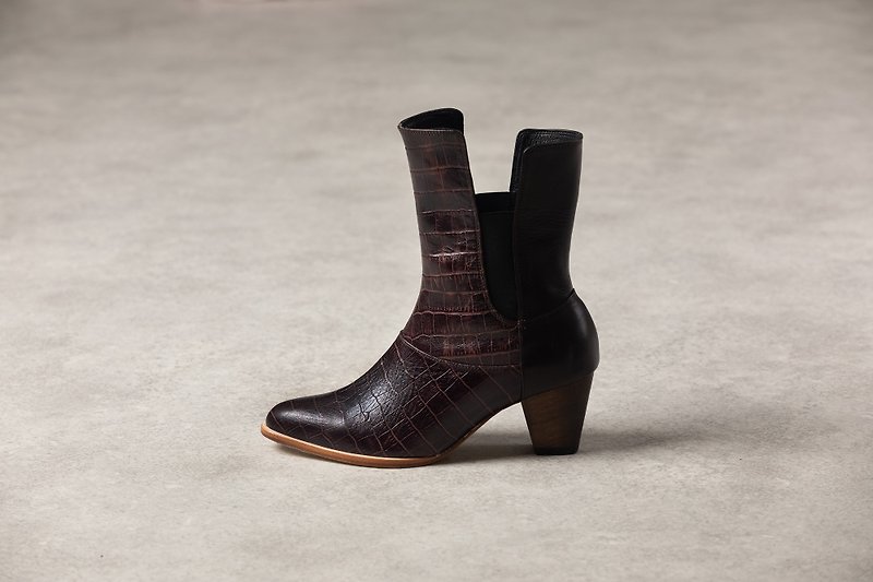 ZOODY / Twin Cotyledons / Handmade Shoes / Mid-heeled Tips in Bucket Boots / Wine Red + Dark Brown - รองเท้าบูทยาวผู้หญิง - หนังแท้ สีนำ้ตาล