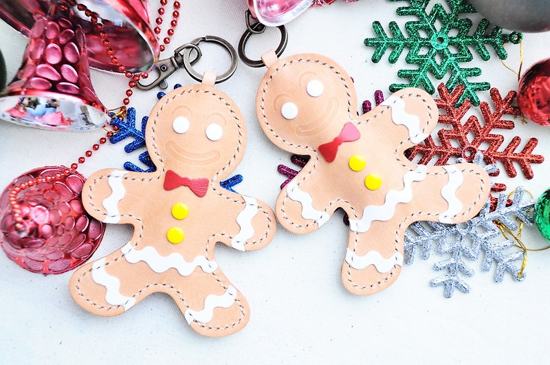 [Gingerbread man key ring] Good sewing leather bag free lettering handmade package couple gifts Keychain key package Keychain storage simple and practical Italian leather vegetable tanned leather DIY companion leather cowhide Christmas gifts - Leather Goods - Genuine Leather Brown