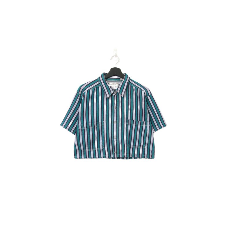 Back to Green-再製短板條紋襯衫 藍綠淡紫 wt-07//vintage shirt - 女襯衫 - 棉．麻 