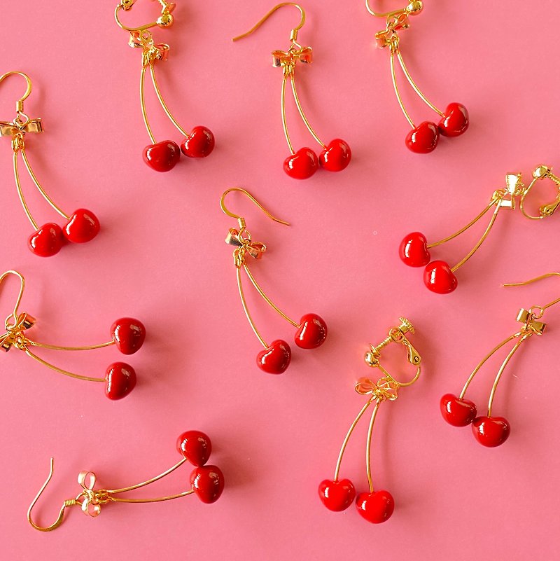 Cherry Pierce/Earring - 耳環/耳夾 - 銅/黃銅 紅色