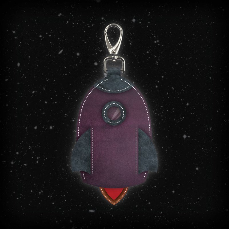 Spaceship-shaped leather key bag - interesting contrasting color leather key case pendant - bag engraved and embossed - Keychains - Genuine Leather Purple