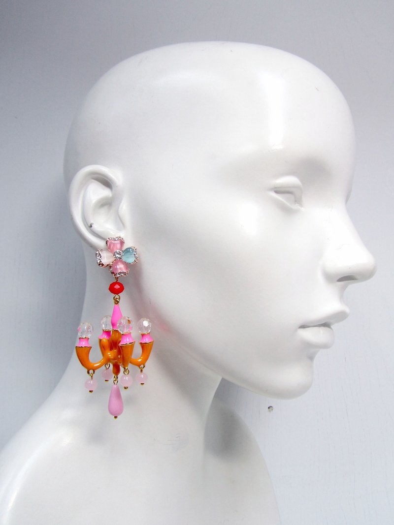 TIMBEE LO signature style giant chandelier earrings colorful rainbow crystal lamp gorgeous dress - Earrings & Clip-ons - Other Metals Orange