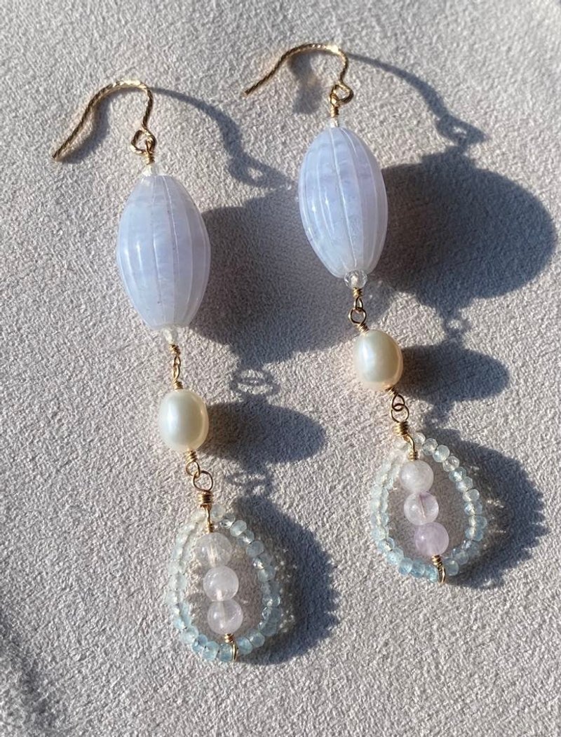ブルーレースアゲート 天然パール アクアマリン ラベンダーアメジスト トパーズ || 14KGF ピアス - ピアス・イヤリング - クリスタル ブルー