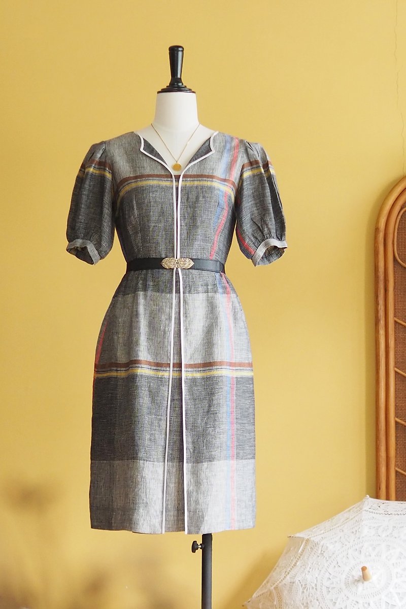 Vintage dress | Size L | Grey woven pattern soft fabric - ชุดเดรส - เส้นใยสังเคราะห์ สีเทา