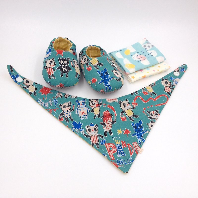 手描きパンダ -  Miyue赤ちゃんのギフトボックス（幼児靴/ベビーシューズ/ベビーシューズ+ 2ハンカチ+スカーフ） - 出産祝い用贈物 - コットン・麻 グリーン