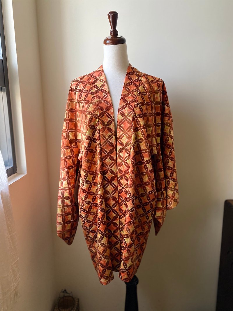 手染めの銅貨幣パターンヴィンテージ羽織り - ジャケット - シルク・絹 オレンジ