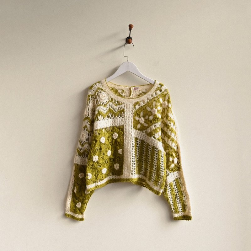 【NaSuBi Vintage】Hollow woven floral wool sea vintage sweater - Women's Sweaters - Other Man-Made Fibers Green