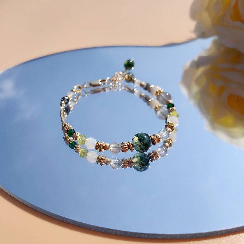 Ningcui. Aquatic Onyx Stone Moonstone 14K Gold-Clad Crystal Ore Design Bracelet - Bracelets - Crystal Green