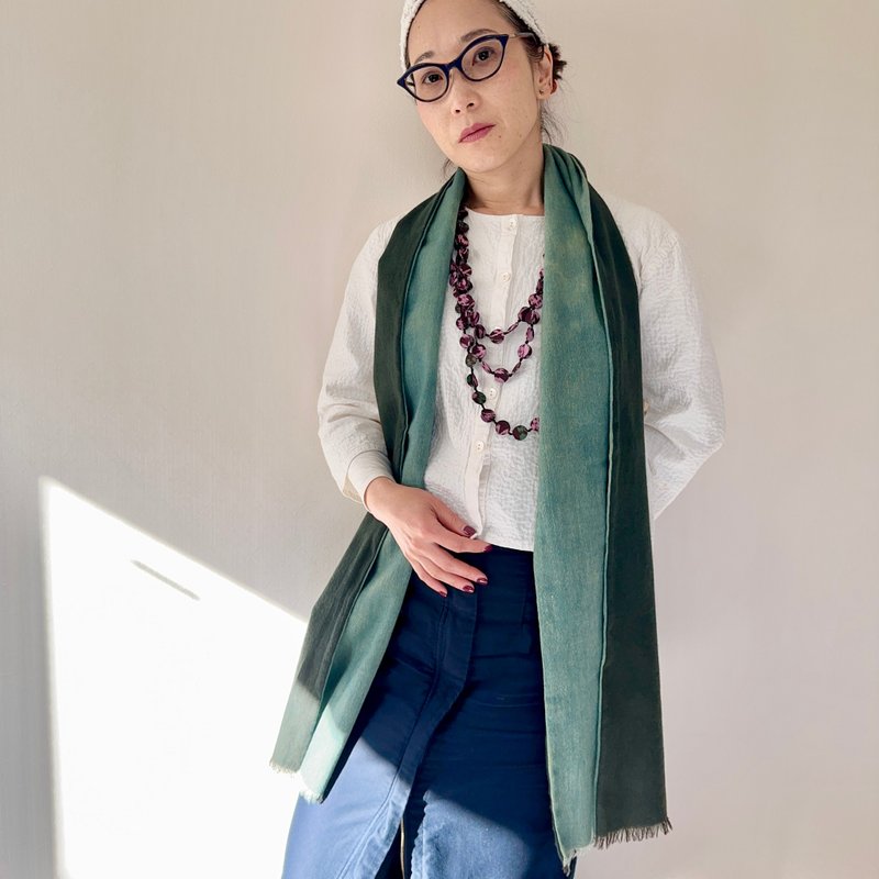 緑2色、藍、エンジュ、茜、ログウッドの草木手染ストール　麻ウール混 - 圍巾/披肩 - 棉．麻 綠色