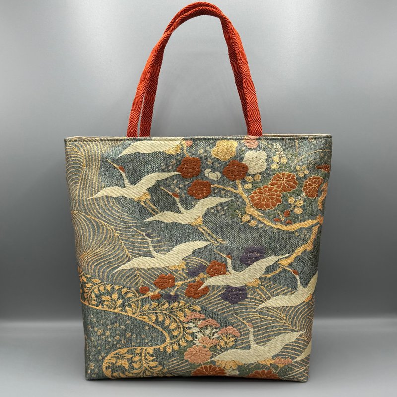 着物 帯 帯締め ハンドメイド トートバッグ リメイク 青 金 鶴 - 手提包/手提袋 - 絲．絹 藍色
