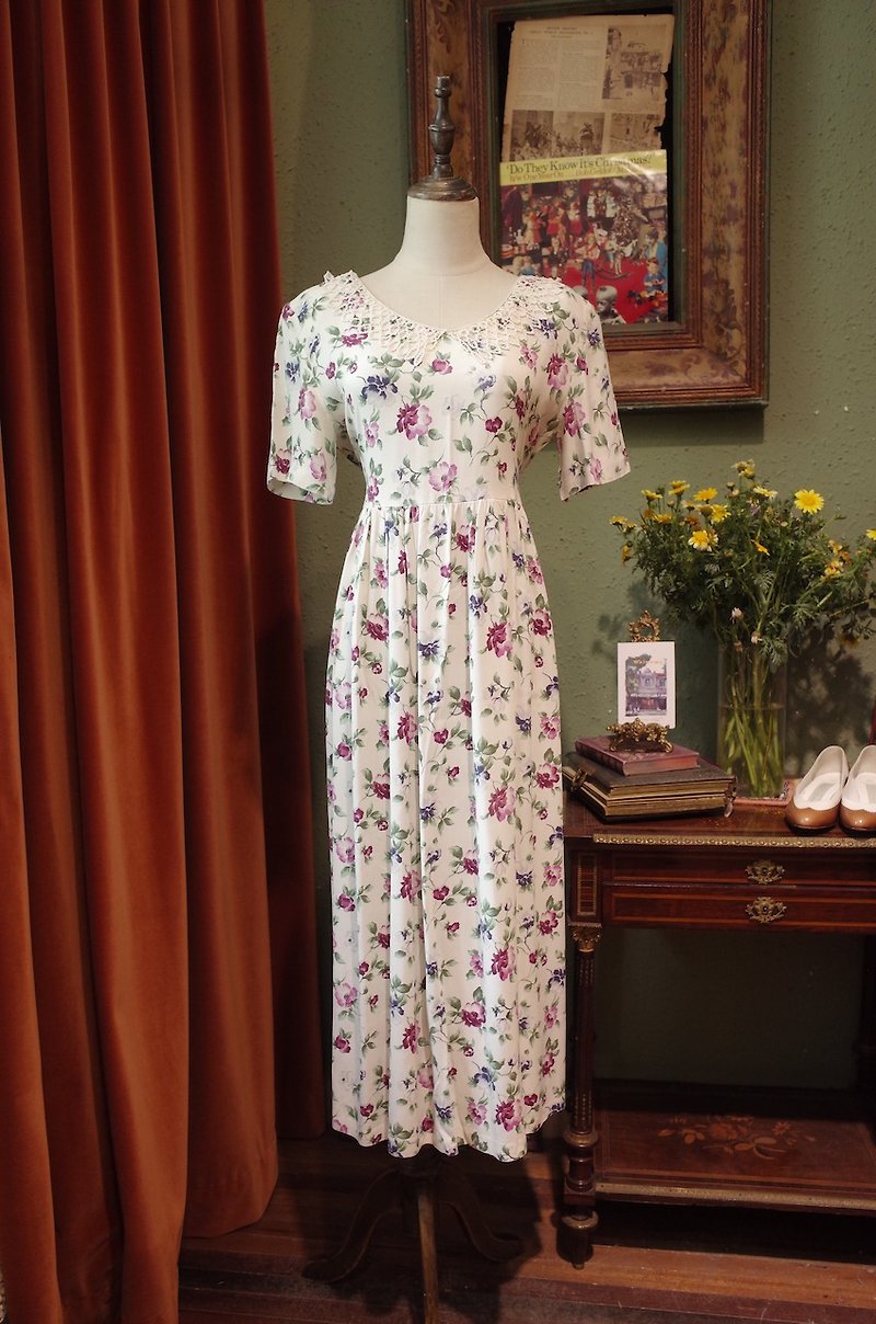 vintagedress American-made lace lapel print dress vintage dress - ชุดเดรส - ผ้าฝ้าย/ผ้าลินิน 