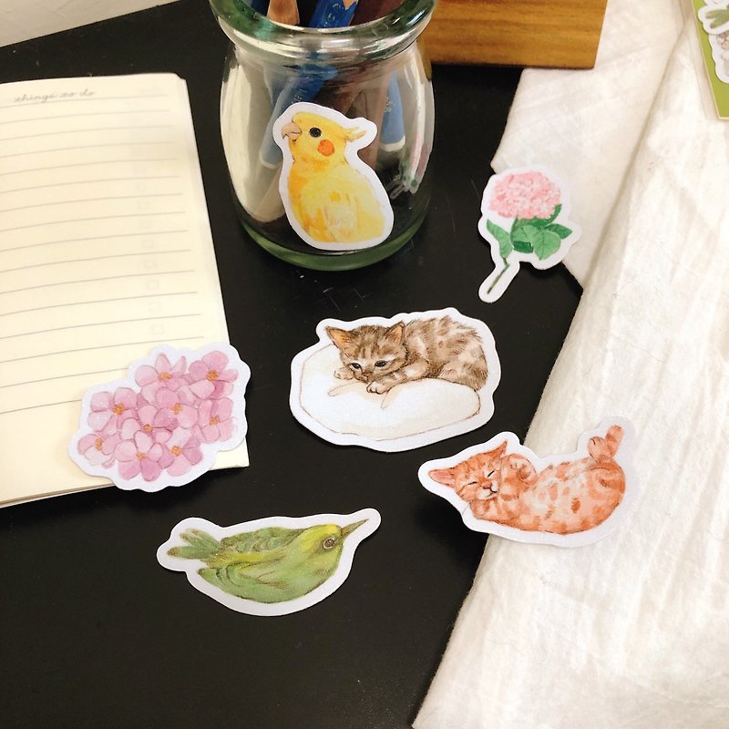 Cats  Flowers and Birds  PVC Shining sticker  15pcs per set - สติกเกอร์ - วัสดุกันนำ้ 