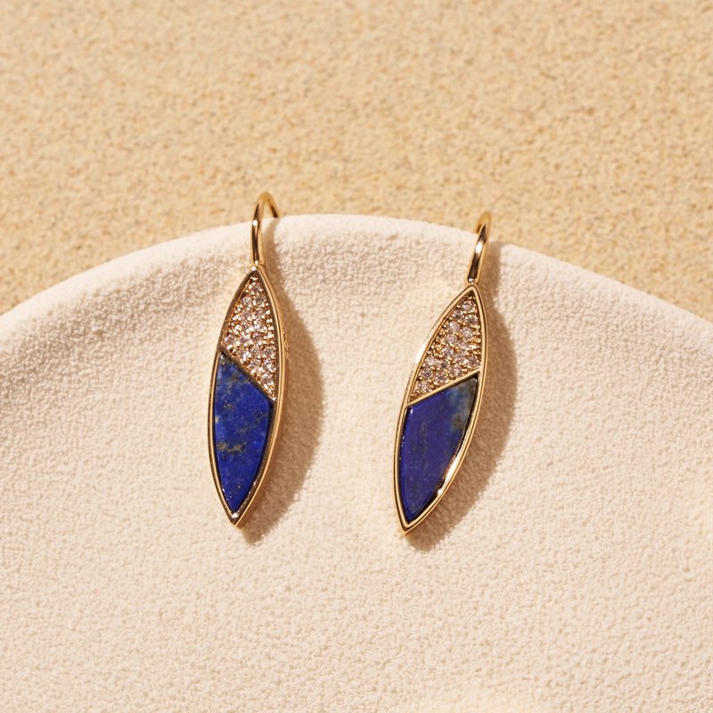 葉形滿鑽耳環 (青金石) - 耳環/耳夾/耳骨夾 - 半寶石 藍色