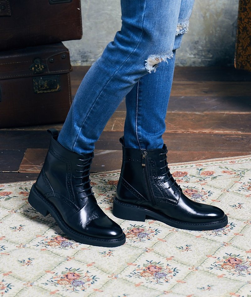 [British handwritten] waxy leather side zipper boots _ midnight black - Women's Booties - Genuine Leather Black