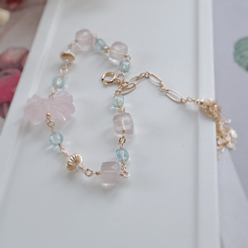 14KGF 晨露花語 流蘇手鍊 粉晶 海水藍寶 - 手鍊/手環 - 半寶石 