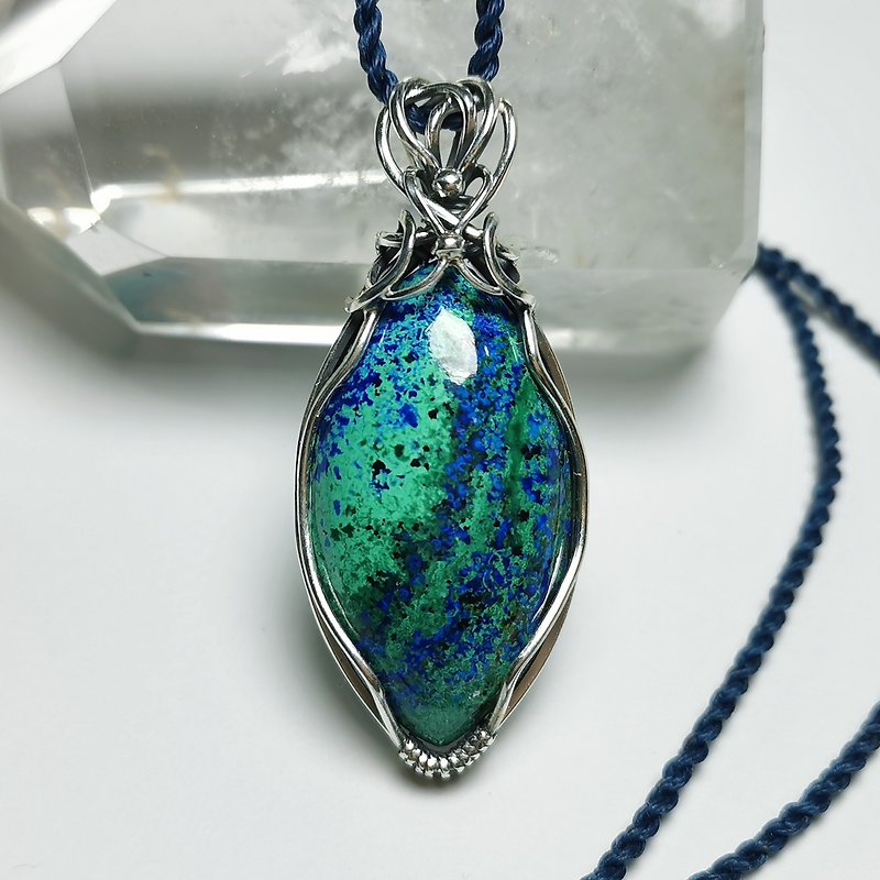 Bronze Symbiotic Stone- Made in Arizona - Sterling Silver Braided Design Pendant/With Waterproof Wax Thread Necklace - Necklaces - Semi-Precious Stones Blue