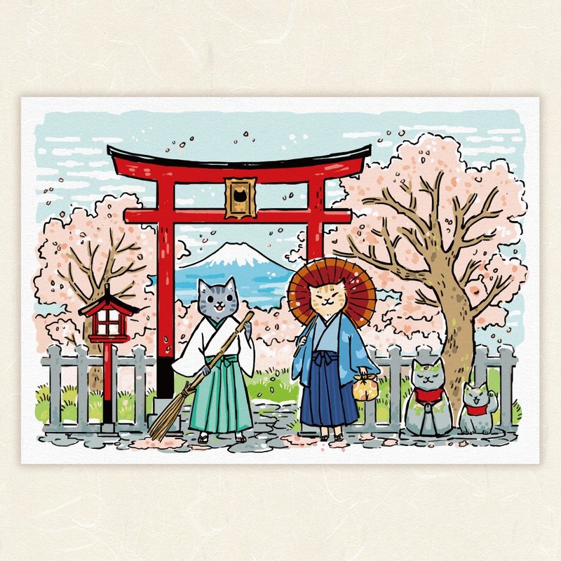 春櫻神社【HitoCat 吉豆貓】明信片 - 卡片/明信片 - 紙 粉紅色