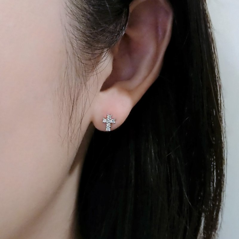 Natural Diamond Cross 18K White Solid Gold Stud Earrings | JSE07 - ต่างหู - เพชร สีเงิน