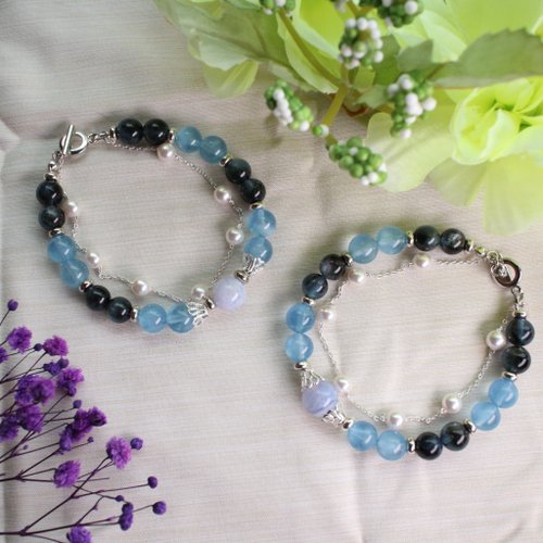 SixCats Accessories Six Cats 天然藍紋瑪瑙 海藍寶 珍珠 注銀 雙手鍊 手環 禮物