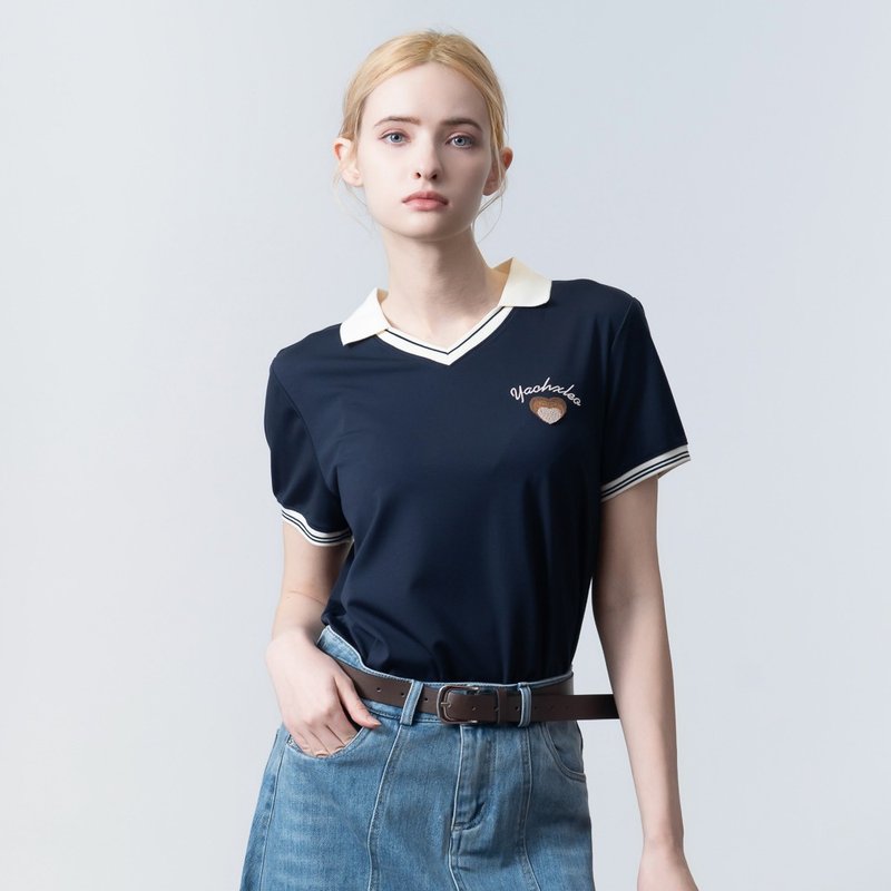 【ICare】翻領學院風V領短袖上衣(M-L) | 女休閒上衣 POLO衫 - 女 T 恤 - 棉．麻 藍色