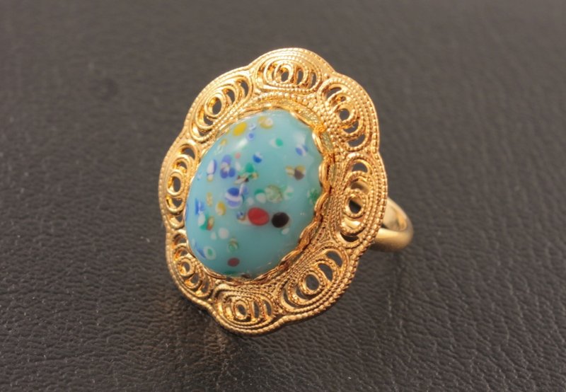 Millefiori Blue Glass Adjustable Ring Oval Sky Blue Gold Statement Ring Jewelry - แหวนทั่วไป - แก้ว สีน้ำเงิน