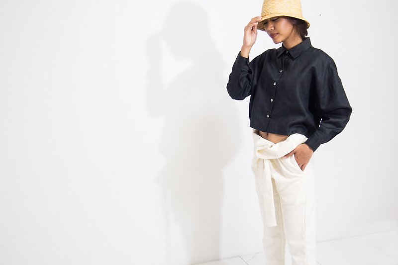 Mani Mina Summer Black Crop Shirt Long Sleeve - Women's Shirts - Cotton & Hemp 