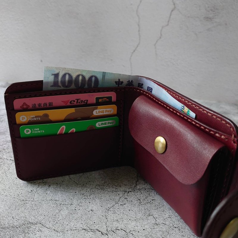 Buttoned genuine leather short clip (red coffee) - buttoned coin compartment - vegetable tanned leather - hand-sewn - Wallets - Genuine Leather 