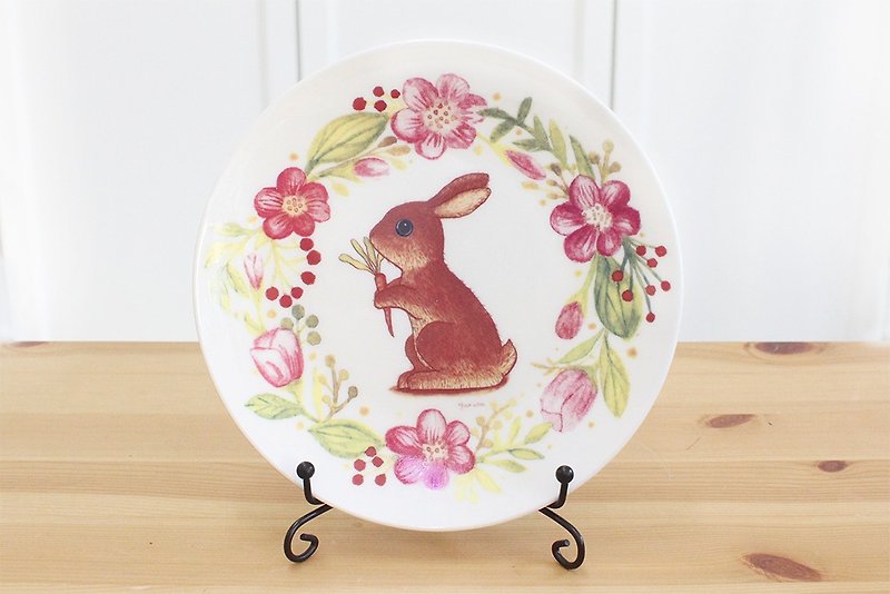 Christmas Gift / Wreath Bunny 6.5 Bone Porcelain Plate Cake Pan/Dessert Dish - Plates & Trays - Porcelain Pink