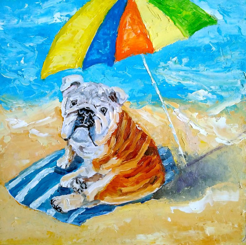 Bulldog Original Oil Painting, Dog Art, Funny Pet Portrait, Beach Dog Wall Art - 海報/掛畫/掛布 - 其他材質 多色