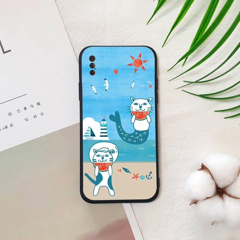 Cat mobile phone case eating watermelon at the beach - เคส/ซองมือถือ - ซิลิคอน สีน้ำเงิน